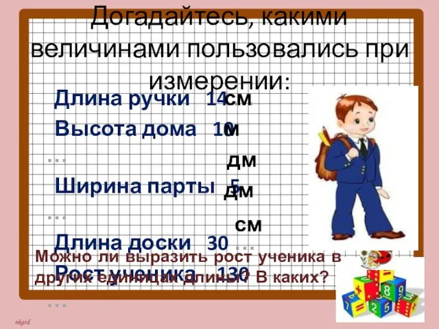 Догадайтесь, какими величинами пользовались при измерении: Длина ручки 14 … Высота