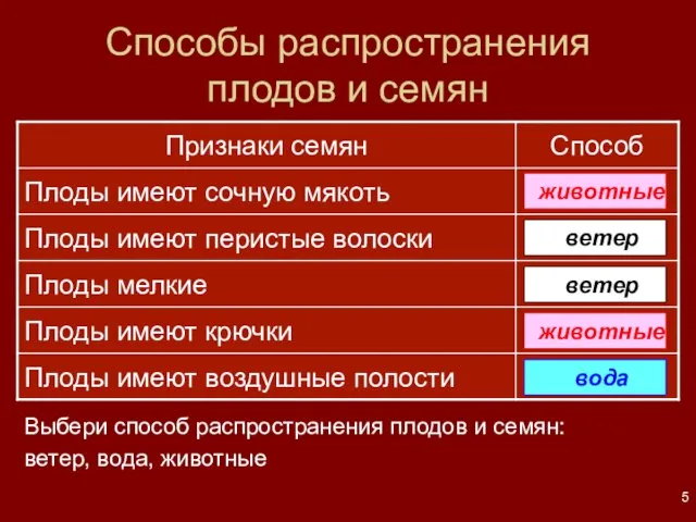 Способы распространения плодов и семян Выбери способ распространения плодов и семян: