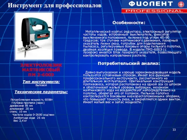 ЭЛЕКТРОЛОБЗИК МАЯТНИКОВЫЙ ПМ 3-600Э Тип инструмента: Бытовой Технические параметры: Потребляемая мощность