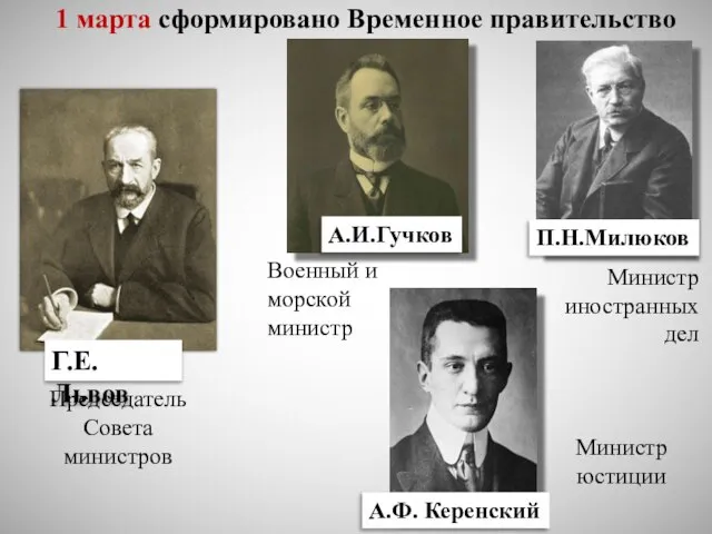 1 марта сформировано Временное правительство А.Ф. Керенский Г.Е. Львов Председатель Совета