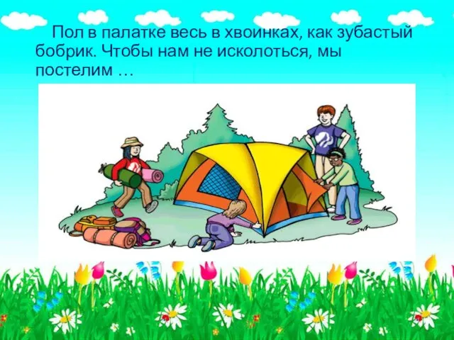 Пол в палатке весь в хвоинках, как зубастый бобрик. Чтобы нам не исколоться, мы постелим …