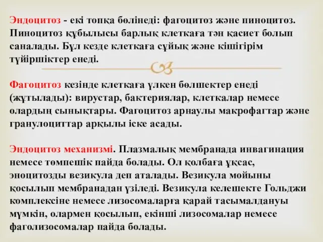 Эндоцитоз - екі топқа бөлінеді: фагоцитоз және пиноцитоз. Пиноцитоз құбылысы барлық