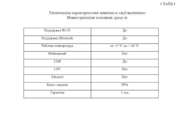 СЛАЙД 9 Технические характеристики комплекта «всё включено» Инвентаризация основных средств