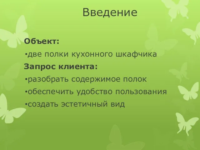 Введение Объект: две полки кухонного шкафчика Запрос клиента: разобрать содержимое полок