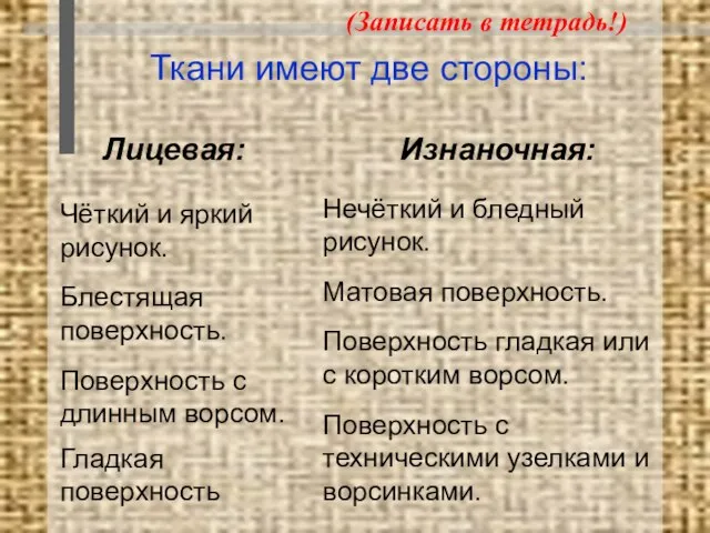 Ткани имеют две стороны: Лицевая: Изнаночная: Чёткий и яркий рисунок. Блестящая