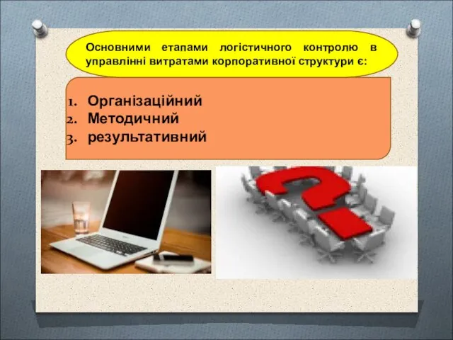 Організаційний Методичний результативний Основними етапами логістичного контролю в управлінні витратами корпоративної структури є: