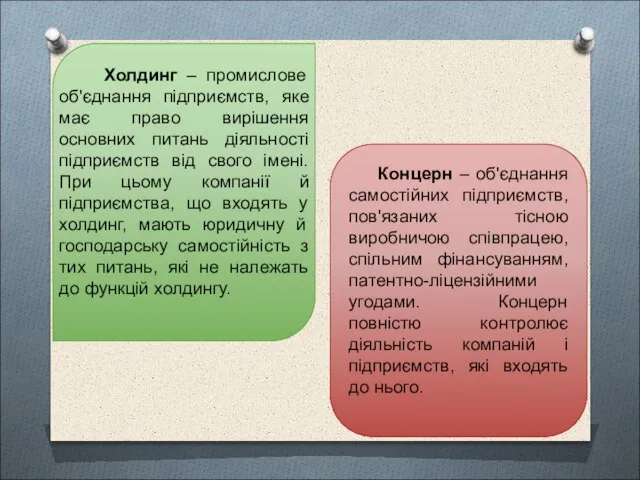 Холдинг – промислове об'єднання підприємств, яке має право вирішення основних питань