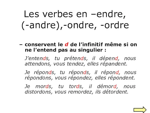 Les verbes en –endre, (-andre),-ondre, -ordre conservent le d de l’infinitif