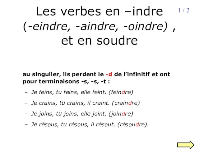 Les verbes en –indre (-eindre, -aindre, -oindre) , et en soudre