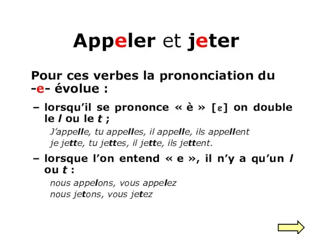 Appeler et jeter Pour ces verbes la prononciation du -e- évolue