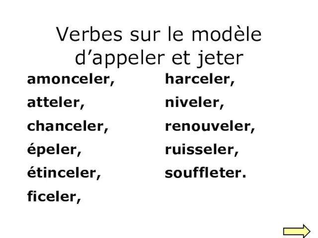 Verbes sur le modèle d’appeler et jeter amonceler, atteler, chanceler, épeler,