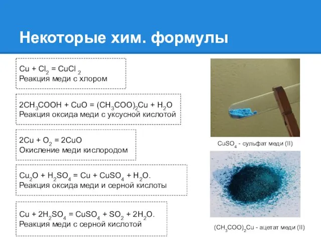 Некоторые хим. формулы Cu + Cl2 = CuCl 2 Реакция меди