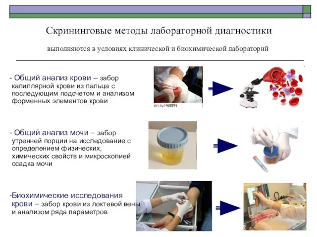 Скрининговые методы лабораторной диагностики выполняются в условиях клинической и биохимической лабораторий