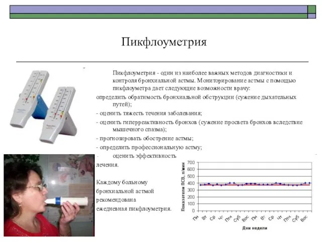 Пикфлоуметрия Пикфлоуметрия - один из наиболее важных методов диагностики и контроля