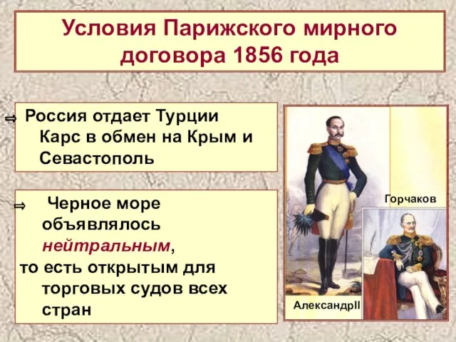 Условия Парижского мирного договора 1856 года Россия отдает Турции Карс в