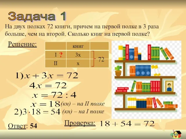 Задача 1 На двух полках 72 книги, причем на первой полке