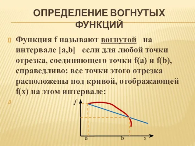 ОПРЕДЕЛЕНИЕ ВОГНУТЫХ ФУНКЦИЙ Функция f называют вогнутой на интервале [a,b] если