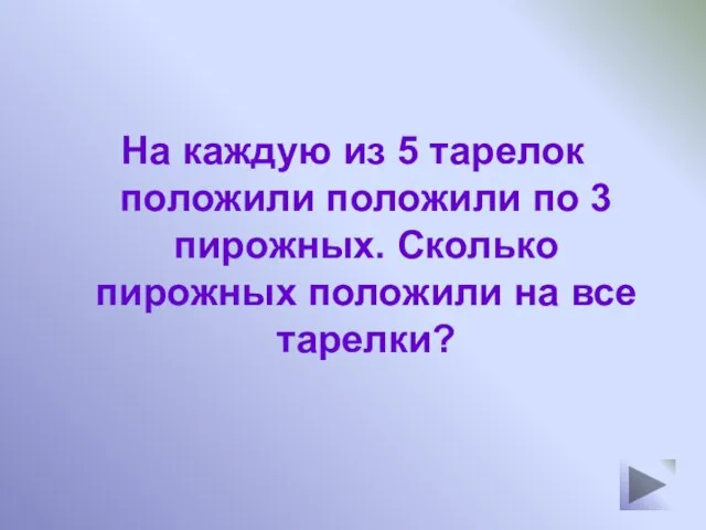 На каждую из 5 тарелок положили положили по 3 пирожных. Сколько пирожных положили на все тарелки?