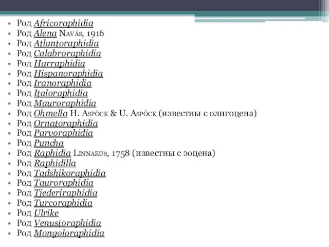 Род Africoraphidia Род Alena Navás, 1916 Род Atlantoraphidia Род Calabroraphidia Род