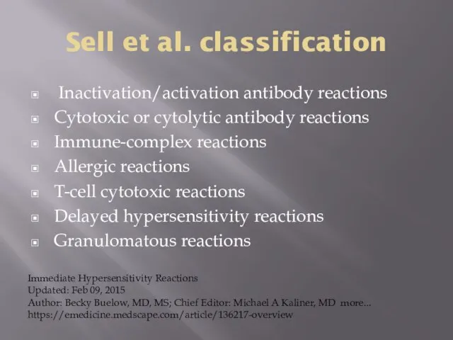 Sell et al. classification Inactivation/activation antibody reactions Cytotoxic or cytolytic antibody