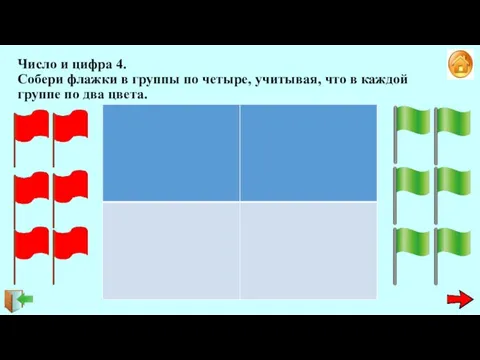 Число и цифра 4. Собери флажки в группы по четыре, учитывая,