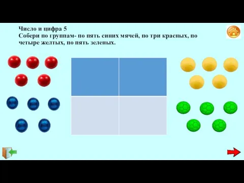 Число и цифра 5 Собери по группам- по пять синих мячей,