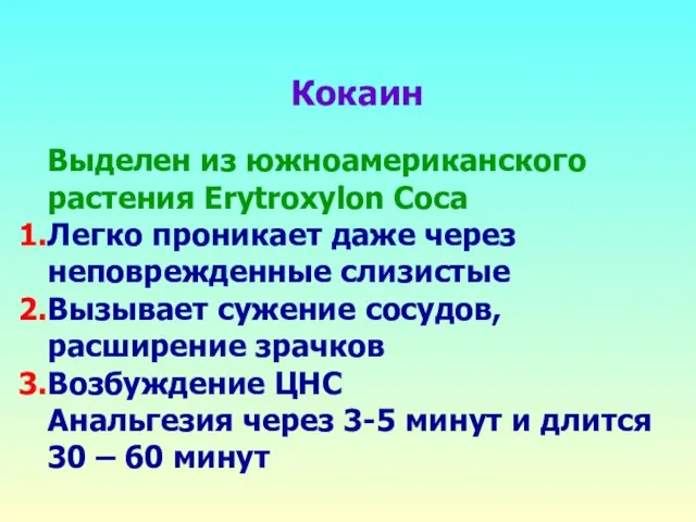 Кокаин Выделен из южноамериканского растения Erytroxylon Coca Легко проникает даже через