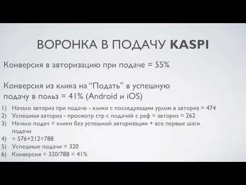 ВОРОНКА В ПОДАЧУ KASPI Конверсия в авторизацию при подаче = 55%