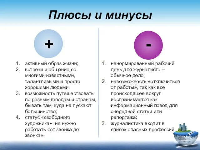 Плюсы и минусы + - активный образ жизни; встречи и общение