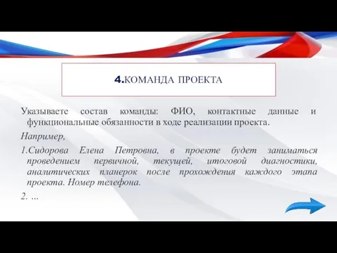 4.КОМАНДА ПРОЕКТА Указываете состав команды: ФИО, контактные данные и функциональные обязанности