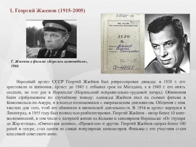 1. Георгий Жженов (1915-2005) Народный артист СССР Георгий Жжёнов был репрессирован