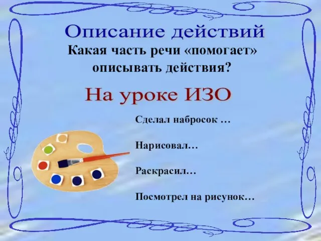 Описание действий Какая часть речи «помогает» описывать действия? На уроке ИЗО