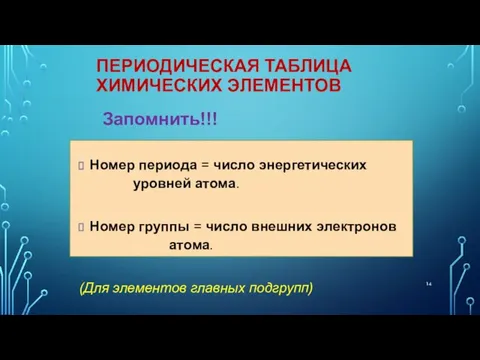 ПЕРИОДИЧЕСКАЯ ТАБЛИЦА ХИМИЧЕСКИХ ЭЛЕМЕНТОВ Запомнить!!! Номер периода = число энергетических уровней