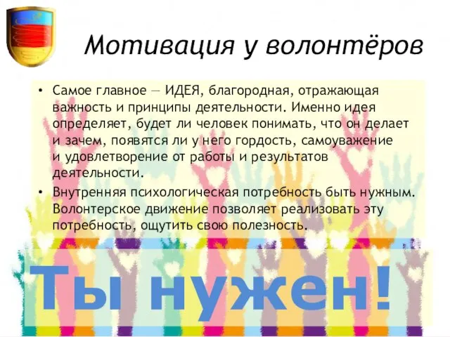 Мотивация у волонтёров Самое главное — ИДЕЯ, благородная, отражающая важность и