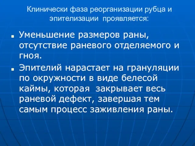 Клинически фаза реорганизации рубца и эпителизации проявляется: Уменьшение размеров раны, отсутствие