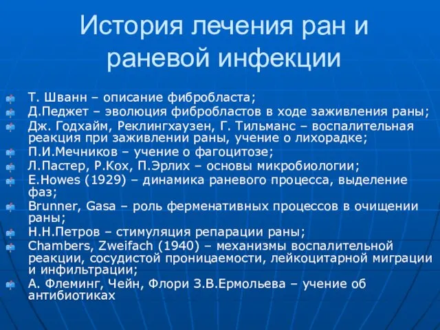 История лечения ран и раневой инфекции Т. Шванн – описание фибробласта;