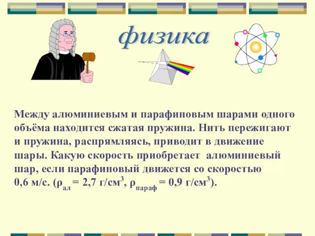 физика Между алюминиевым и парафиновым шарами одного объёма находится сжатая пружина.