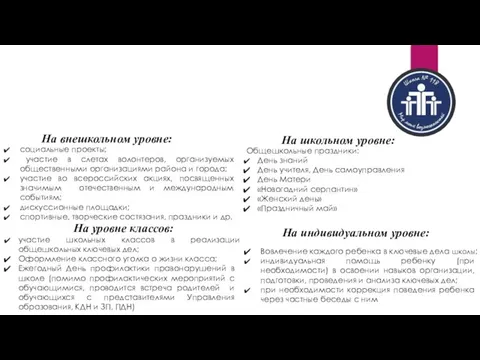 ВИДЫ, ФОРМЫ И СОДЕРЖАНИЕ ДЕЯТЕЛЬНОСТИ Модуль «Ключевые общешкольные дела» На внешкольном