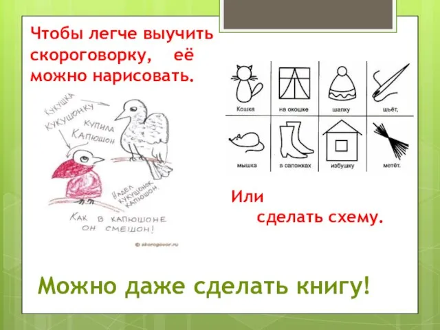 Чтобы легче выучить скороговорку, её можно нарисовать. Или сделать схему. Можно даже сделать книгу!