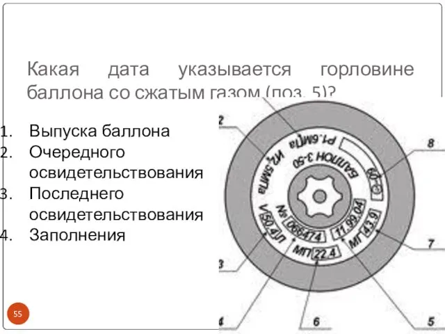 Какая дата указывается горловине баллона со сжатым газом (поз. 5)? Выпуска