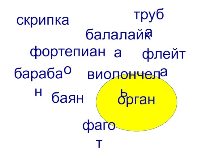 скрипка фортепиано балалайка виолончель баян барабан флейта труба орган фагот