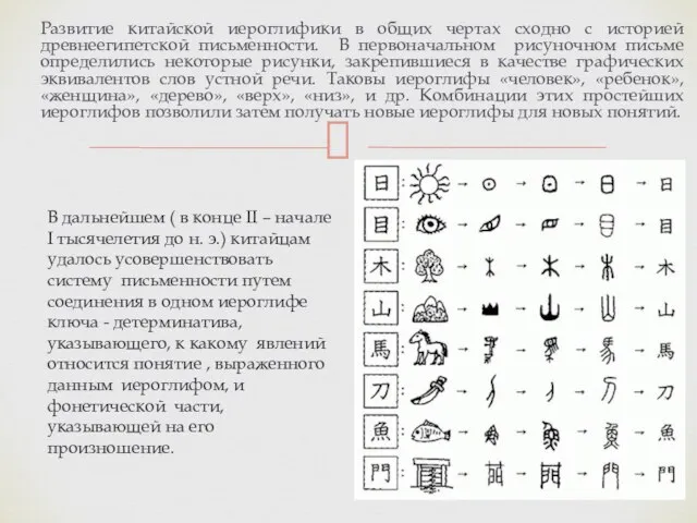 Развитие китайской иероглифики в общих чертах сходно с историей древнеегипетской письменности.