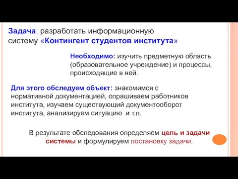 Задача: разработать информационную систему «Контингент студентов института» Необходимо: изучить предметную область