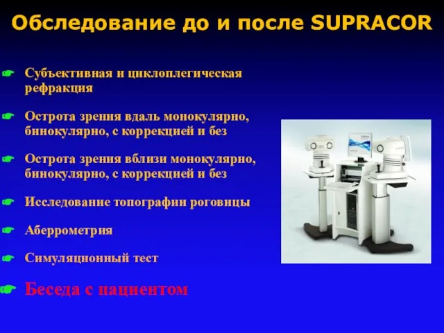 Обследование до и после SUPRACOR Субъективная и циклоплегическая рефракция Острота зрения