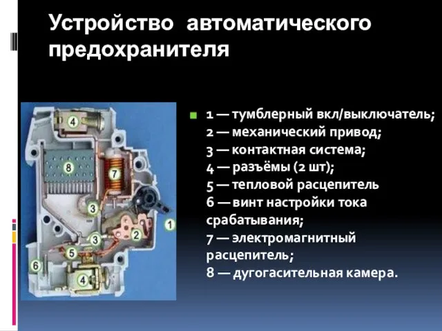 Устройство автоматического предохранителя 1 — тумблерный вкл/выключатель; 2 — механический привод;