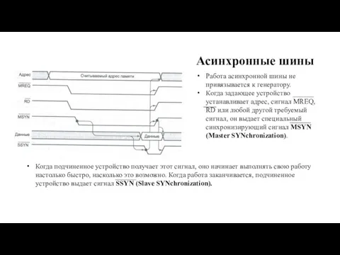 Асинхронные шины Работа асинхронной шины не привязывается к генератору. Когда задающее