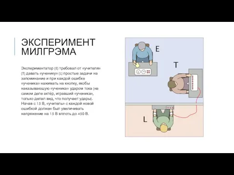 ЭКСПЕРИМЕНТ МИЛГРЭМА Экспериментатор (E) требовал от «учителя» (T) давать «ученику» (L)