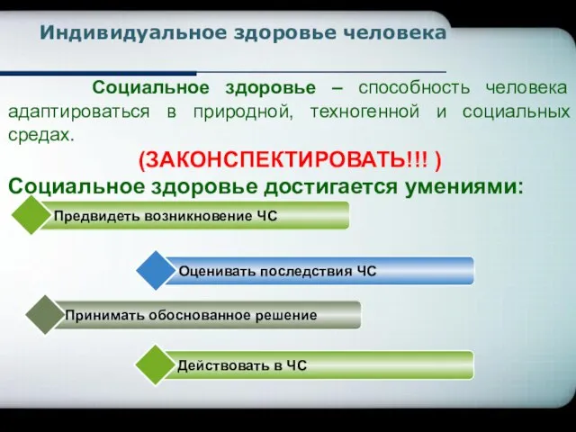 Социальное здоровье – способность человека адаптироваться в природной, техногенной и социальных