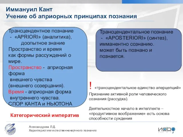 Иммануил Кант Учение об априорных принципах познания Александрова Л.Д. Характеристики естественнонаучного