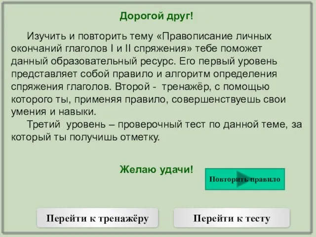 Дорогой друг! Изучить и повторить тему «Правописание личных окончаний глаголов I